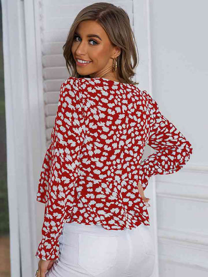 Printed V-Neck Flounce Sleeve Blouse