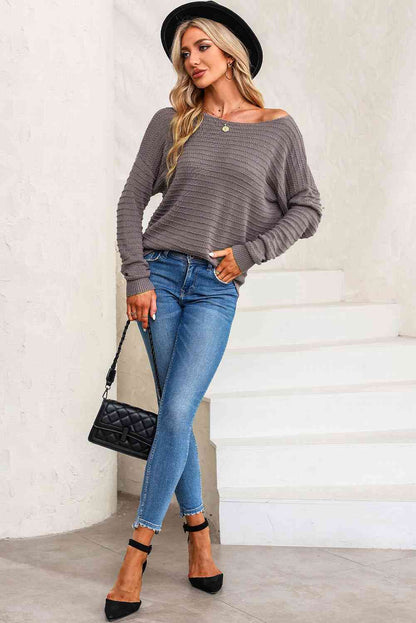 Horizontal Ribbing Round Neck Sweater