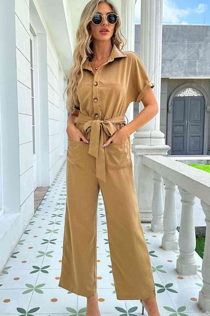 Tie Belt Buttoned Short Sleeve Collared Neck Jumpsuit