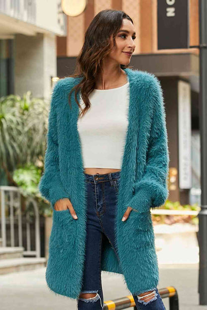 Cardigan pelucheux ouvert sur le devant avec poches