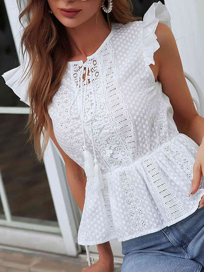 Notched Neck Flutter Sleeve Eyelet Blouse