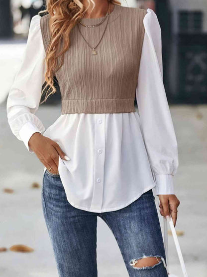 Blouse contrastée à col rond et manches bouffantes