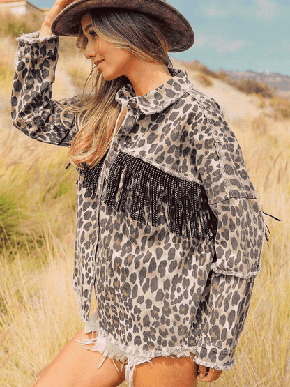 Leopard Fringe Detail Collared Neck Denim Jacket