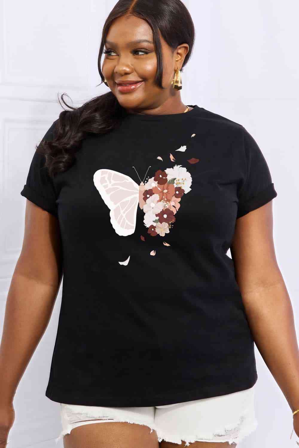 T-shirt en coton à motif papillon pleine grandeur Simply Love