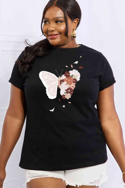 Camiseta de algodón con estampado de mariposas de tamaño completo de Simply Love