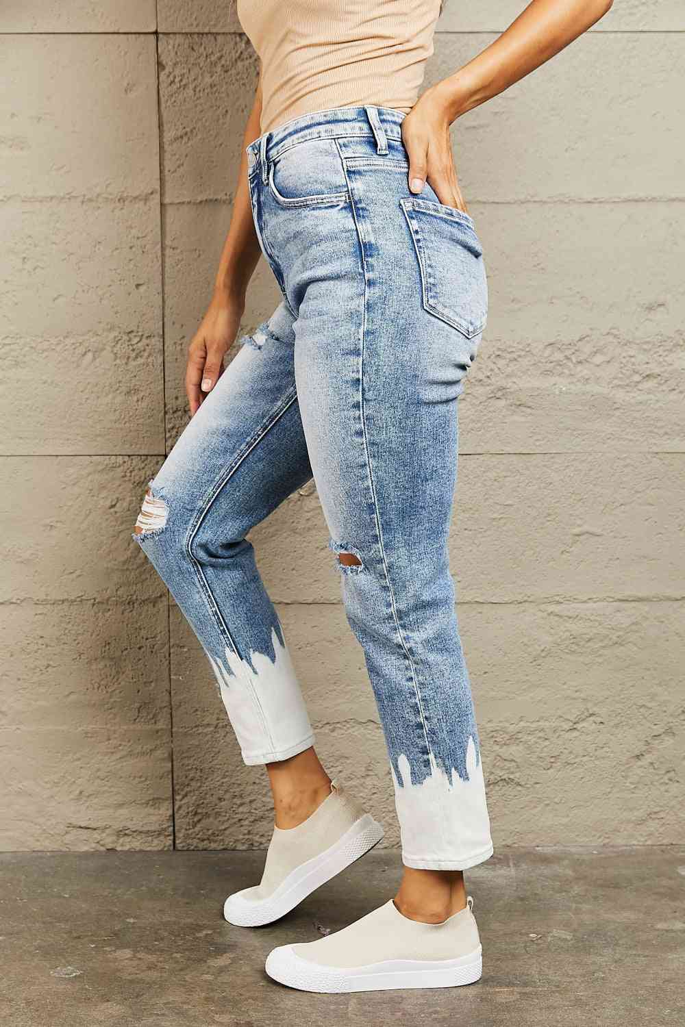 BAYEAS Jean skinny court peint taille haute effet vieilli