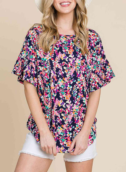 Printed Boat Neck Curved Hem Top