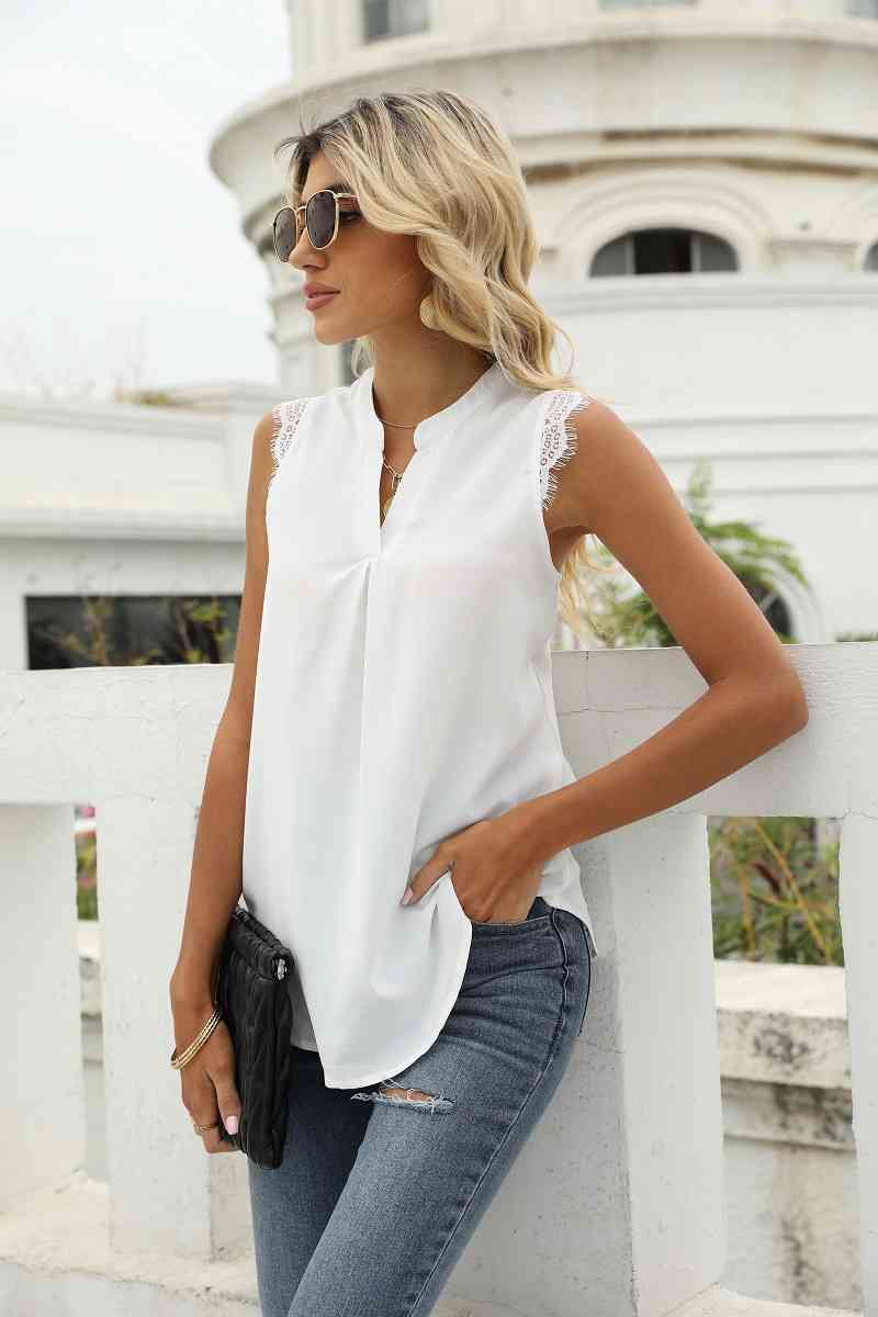 Eyelash Trim Spliced Lace Sleeveless Top