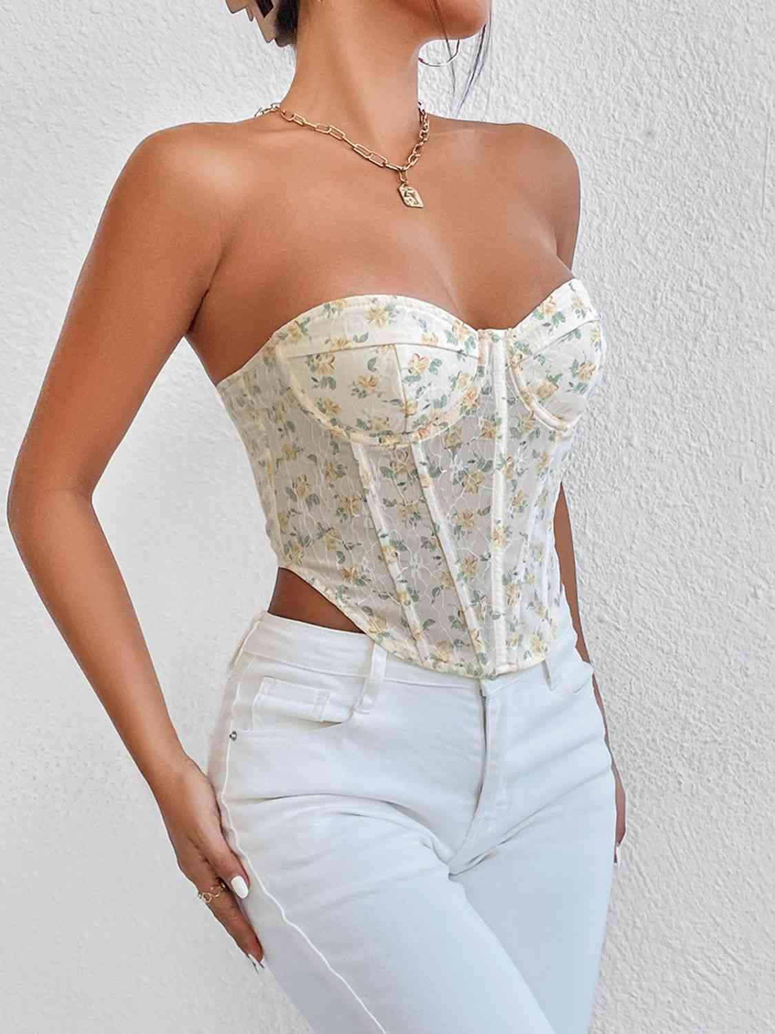 Bustier sans bretelles à lacets et fleurs