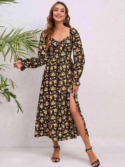 Robe midi fendue à manches volantées