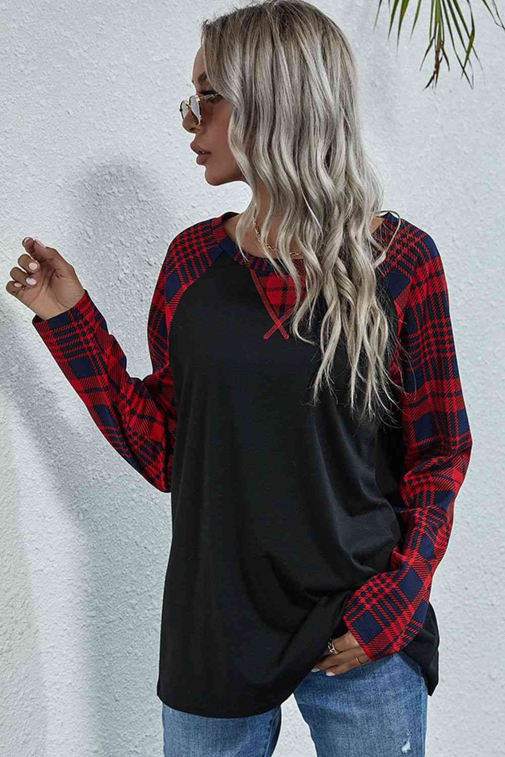 Double Take Plaid Print Long Raglan Sleeve Tee