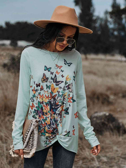 Butterflies Print Long Sleeve Round Neck Tee