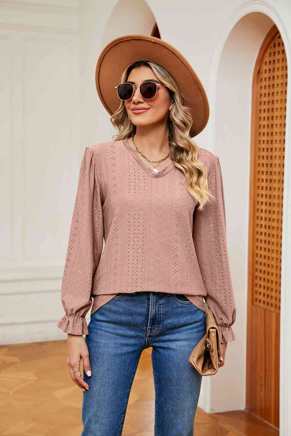 V-Neck Flounce Sleeve Blouse