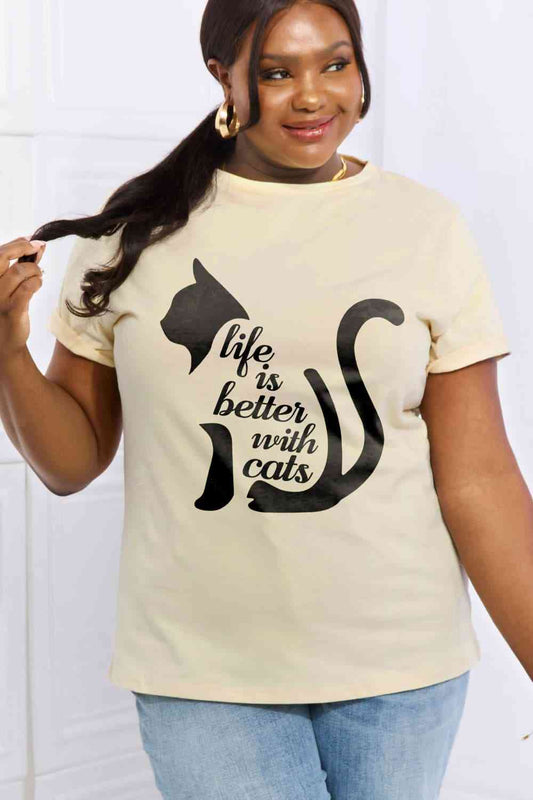 Simply Love Simply Love Taille réelle LA VIE EST MEILLEURE AVEC LES CHATS T-shirt en coton graphique