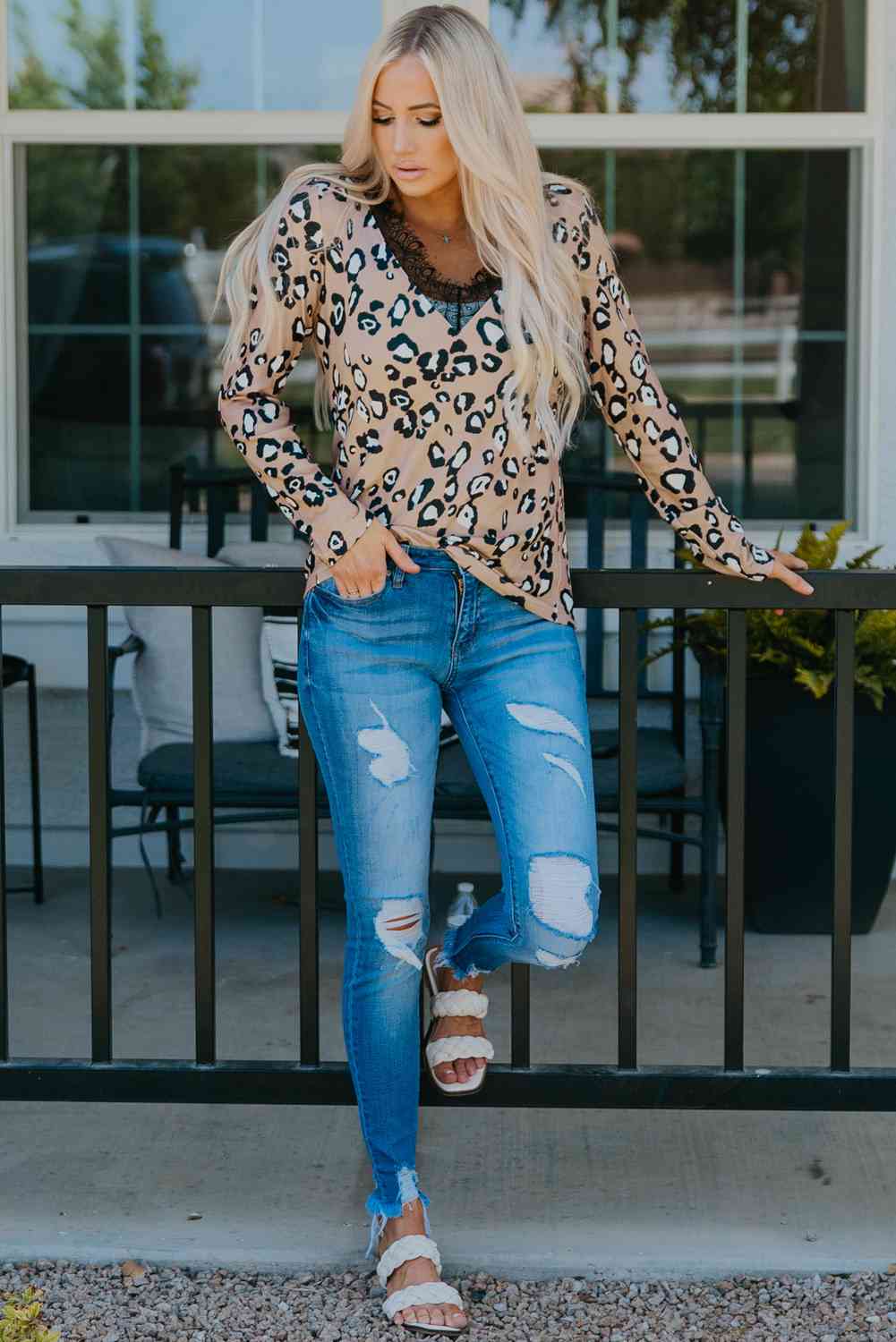 Leopard Print Lace Trim V-Neck Top