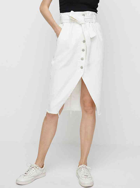 Full SizeTie Waist Buttoned Denim Skirt