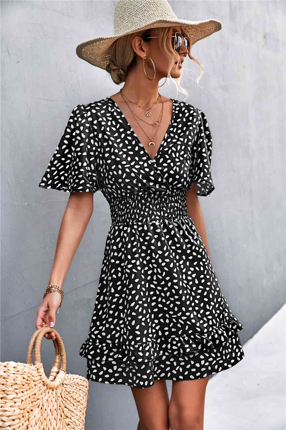 Printed Smocked Waist Layered Surplice Dress