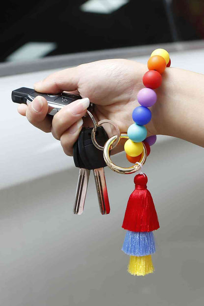 Porte-clés de bracelet en perles de gel de silice avec glands superposés