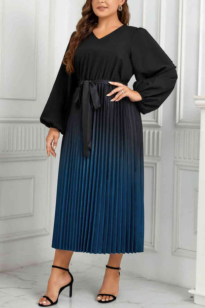 Plus Size V-Neck Long Sleeve Pleated Tie Waist Midi Dress