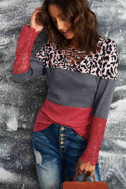 Leopard Print Lace-Up Spliced Lace Top