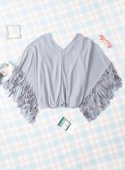 Fringe Trim Center Seam Dolman Sleeve Top