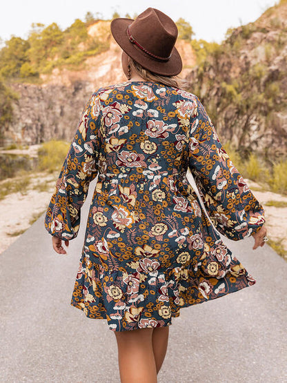 Minivestido con manga globo y cuello con lazo floral de talla grande