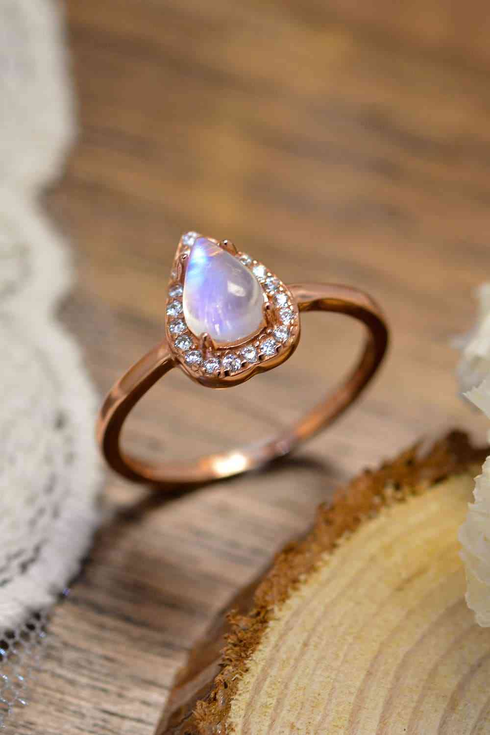 Bague halo en argent sterling 925 en forme de larme de pierre de lune