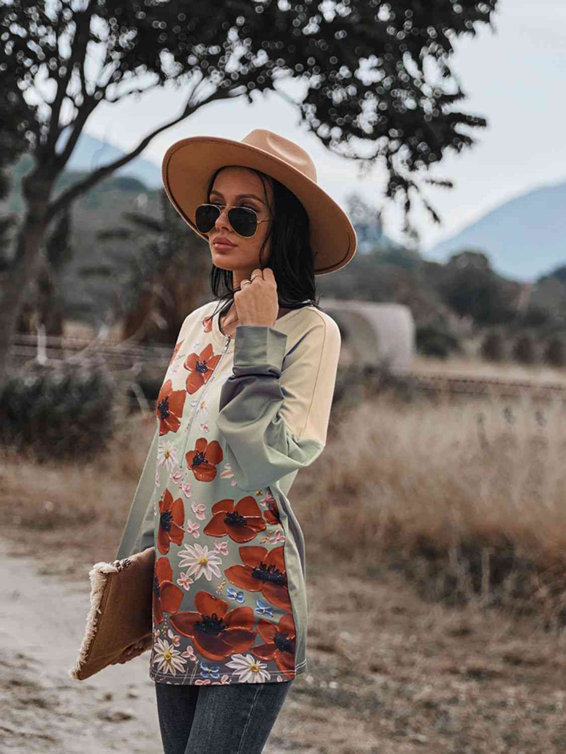 Blouse à épaules tombantes et fermeture éclair sur le devant à imprimé floral