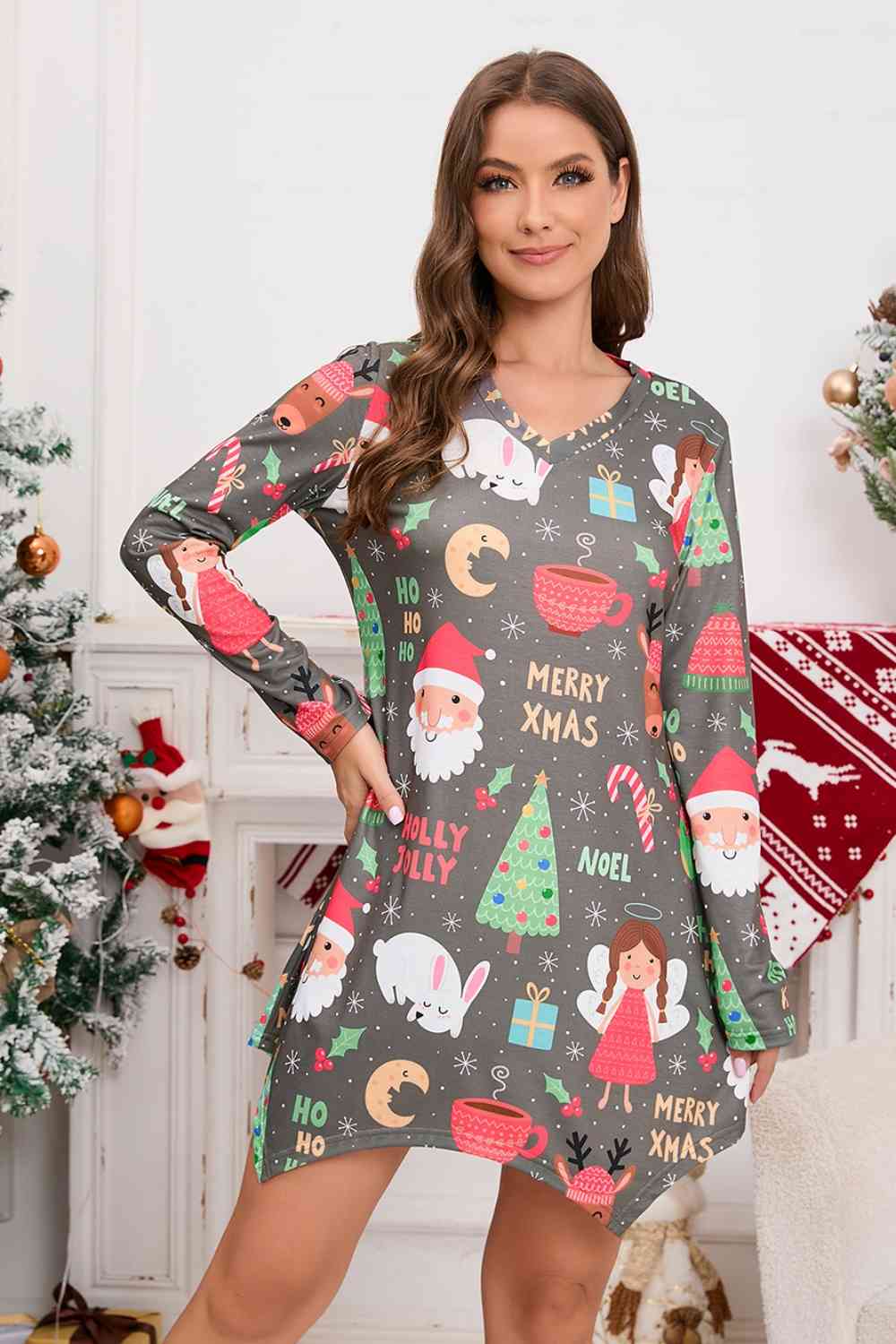 Minivestido de manga larga con cuello en V y elemento navideño