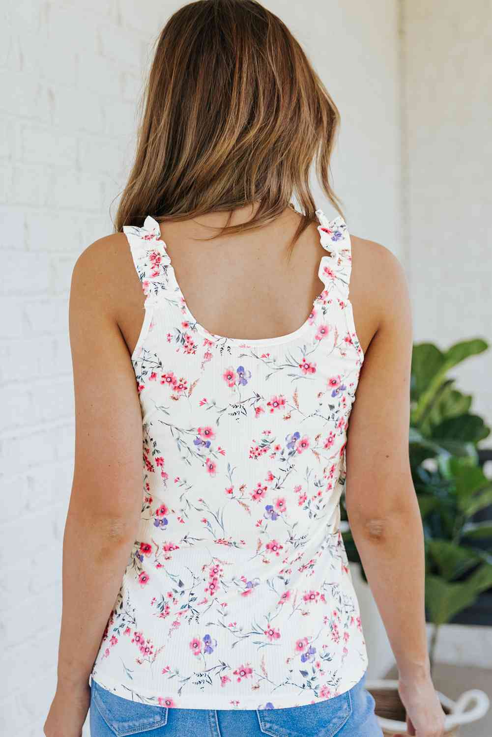 Floral Ruffle Strap Ribbed Tank