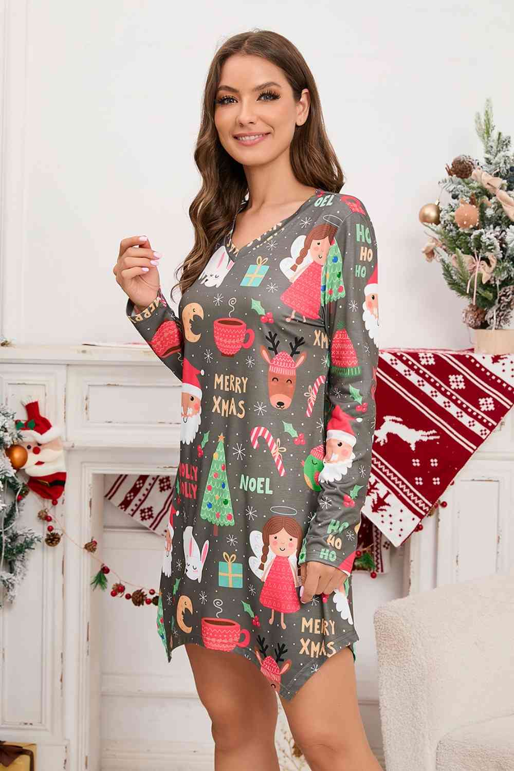 Minivestido de manga larga con cuello en V y elemento navideño