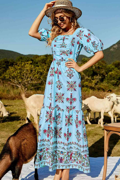 Floral Ruched Puff Sleeve Tiered Maxi Dress