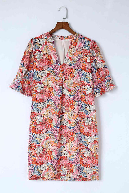 Robe droite florale à col cranté et manches volantées