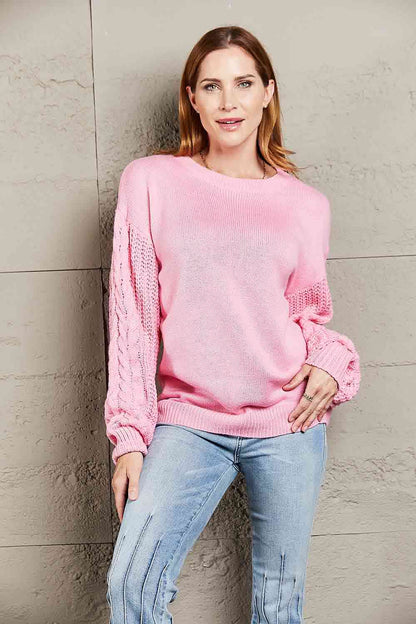 Double Take Round Neck Cable-Knit Dropped Shoulder Sweater