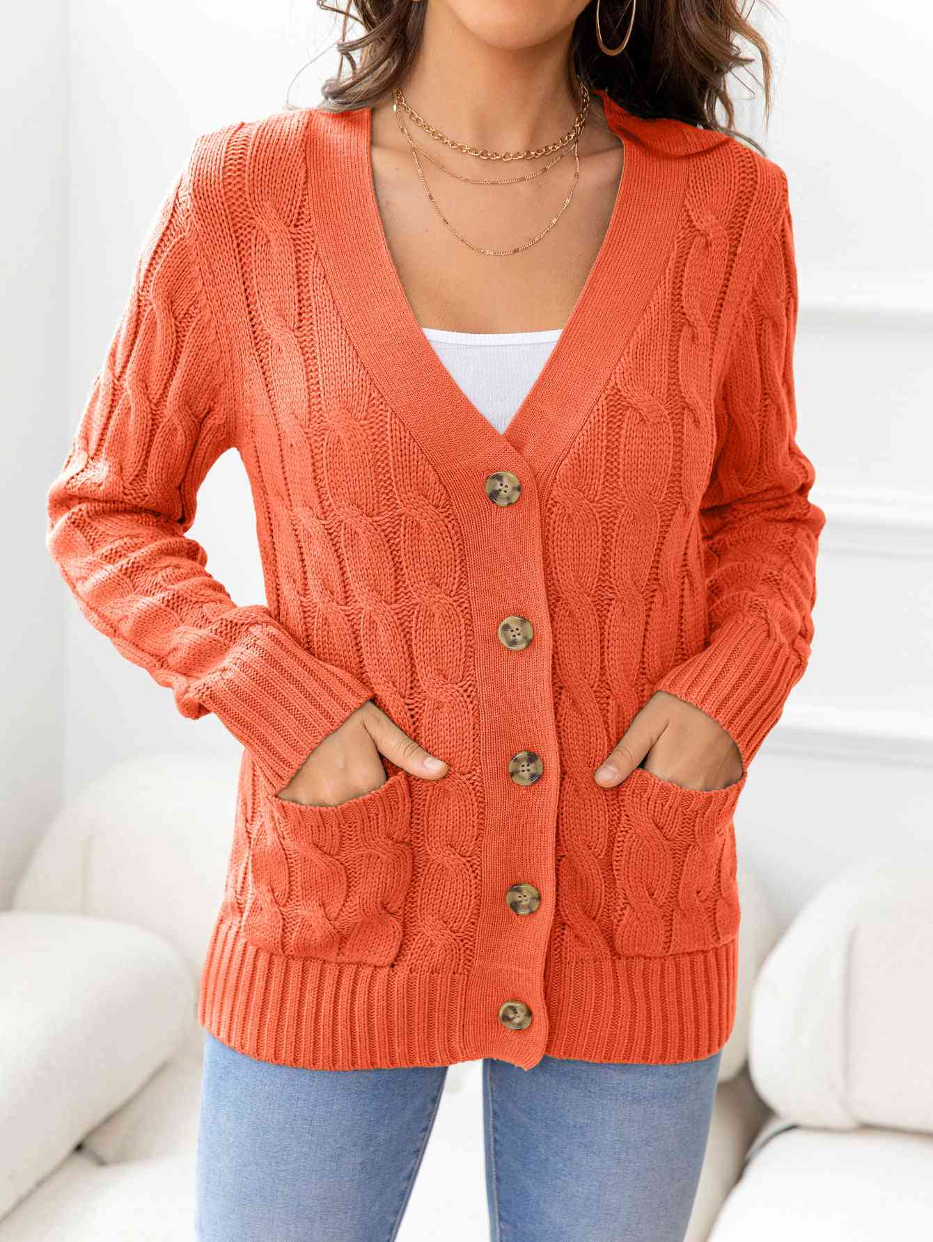 Button Down Cable-Knit Cardigan