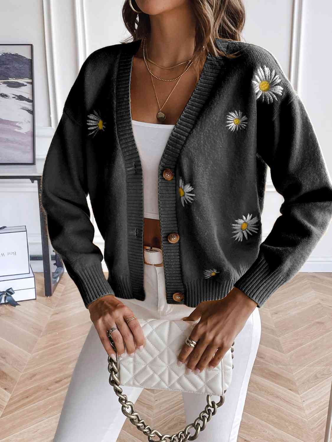 Cardigan boutonné à fleurs