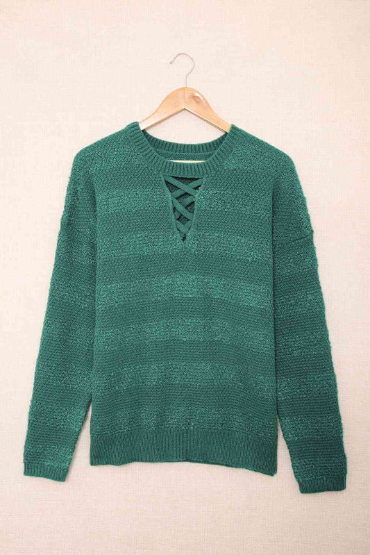 Round Neck Dropped Shoulder Crisscross Pullover Sweater