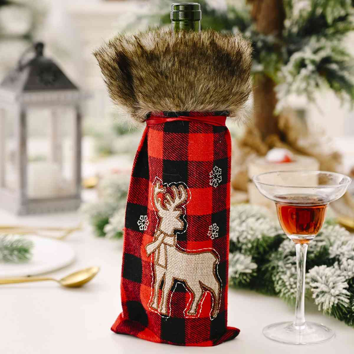 Funda para botella de vino con estampado navideño a cuadros