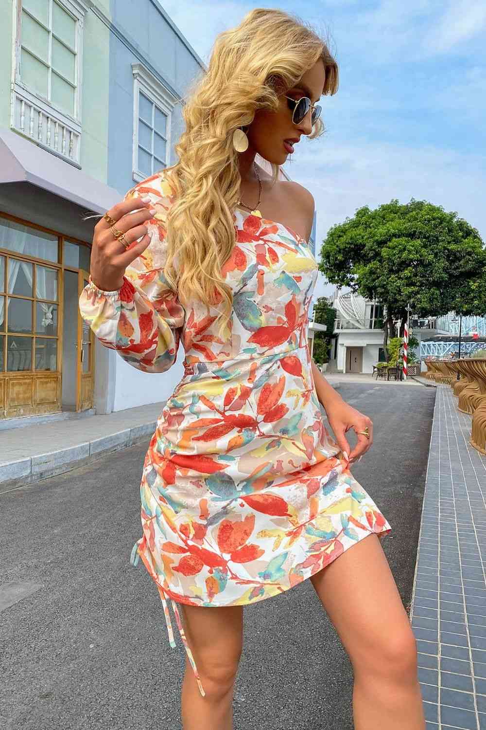 Printed One-Shoulder Drawstring Mini Dress