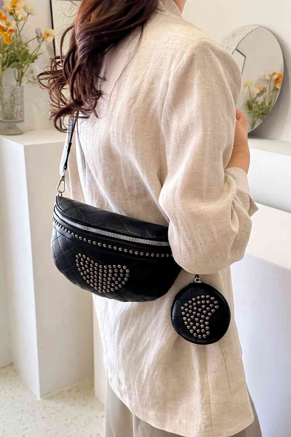 Sac à bandoulière en cuir PU clouté avec petit sac à main