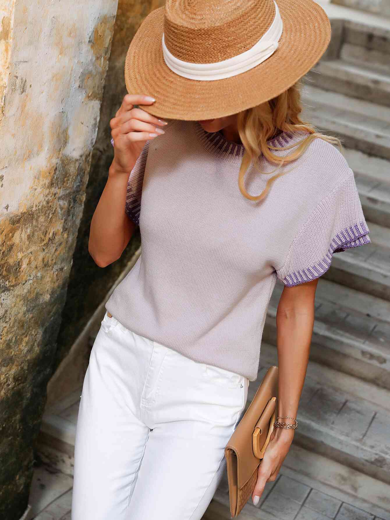 Contrast Round Neck Short Sleeve Knit Top