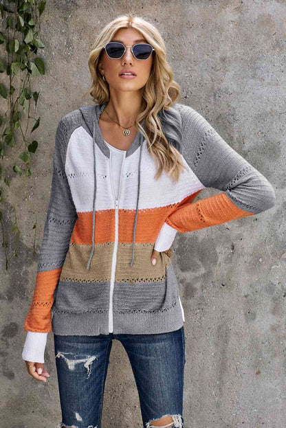 Cardigan zippé à capuche ajouré et manches raglan