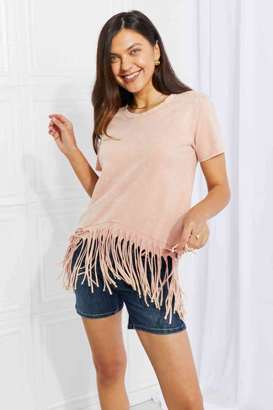 BiBi Empowering Expression Mineral Wash Fringe Hem Tee