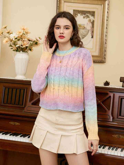 Rainbow Color Cable-Knit Dropped Shoulder Knit Top