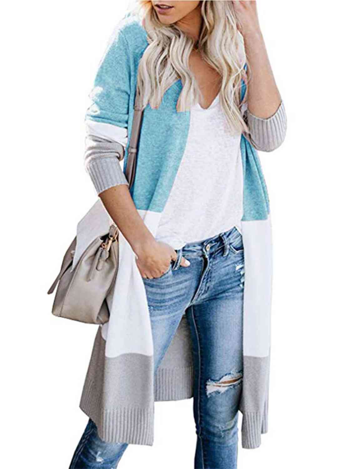 Cardigan long ouvert sur le devant en blocs de couleurs