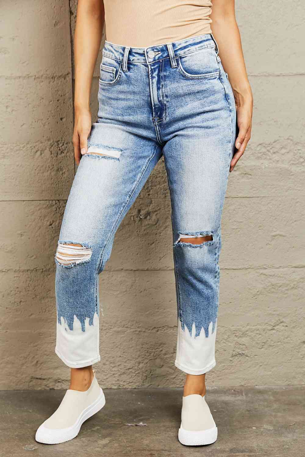 BAYEAS Jean skinny court peint taille haute effet vieilli