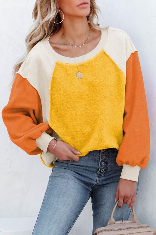 Round Neck Dropped Shoulder Color Block Sweatshirt