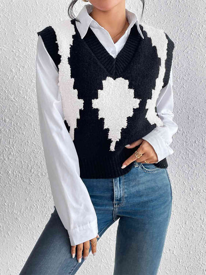 Gilet pull contrasté à col en V