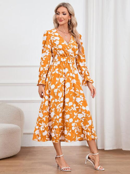 Vestido con sobrepelliz floral, manga con volante y dobladillo con volantes