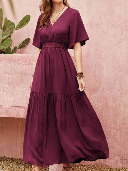 Openwork V-Neck Flare Sleeve Ruched Dress